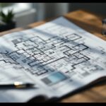 Plan de maison dessiné sur papier avec règle et crayon sur une table de travail moderne