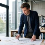 Architecte consultant les plans d'une maison individuelle sur chantier