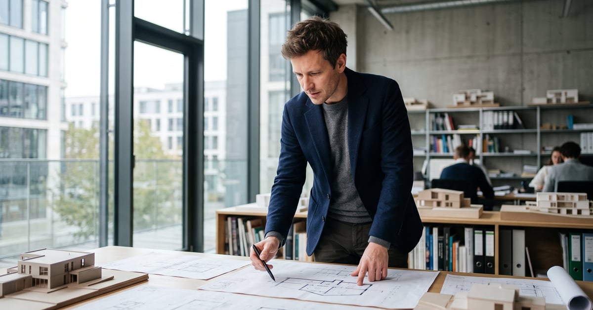 Architecte consultant les plans d'une maison individuelle sur chantier