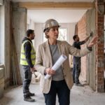 Architecte discutant d'un projet de rénovation maison avec des plans sur un chantier