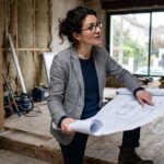 Architecte consultant des plans de rénovation dans une maison en chantier