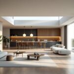 Plan de maison 100m2 en 3D visualisé sur une table d'architecte moderne