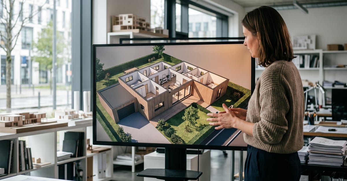 Plan maison 4 chambres 3D affiché sur écran avec modélisation moderne et détaillée