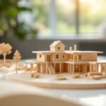 Maquette architecture bois détaillée posée sur un bureau d'architecte