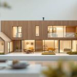 Maquette maison architecture en bois et carton sur table de travail d'architecte