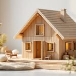 Maquette maison en bois artisanale posée sur une surface claire, détails de construction minutieux