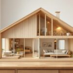 Plan maquette maison en bois posé sur une table avec détails architecturaux et matériaux naturels