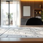Plan d'appartement détaillé posé sur une table de travail moderne