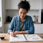 Dessin cuisine facile réalisé à la main sur une table moderne pour planifier un projet de cuisine