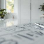 Plan de maison dessiné à la main sur une table de travail avec outils d'architecture