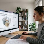 Plan petite cuisine 3D moderne avec optimisation de l'espace et organisation des éléments au centimètre