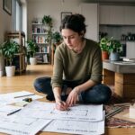 Plan tiny house détaillé posé sur une table avec outils de conception architecturale